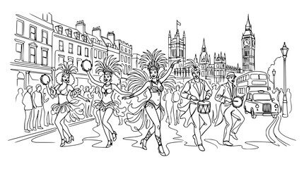 Obraz premium Carnival Parade London Street Scene with Big Ben and Dancers