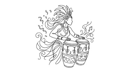 Obraz premium Carnival Dancer Playing Drums, Isolated Line Art Illustration