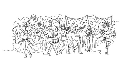 Obraz premium Carnival Parade Line Art: Dancers, Musicians, Festive Atmosphere, Isolated