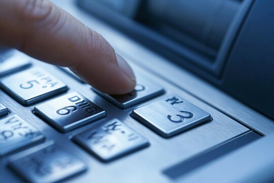 Close-up of a finger pressing a button on a metallic keypad with blue lighting and shallow depth of field