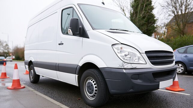 Damaged white delivery van parked on wet street surrounded by orange traffic cones after accident
