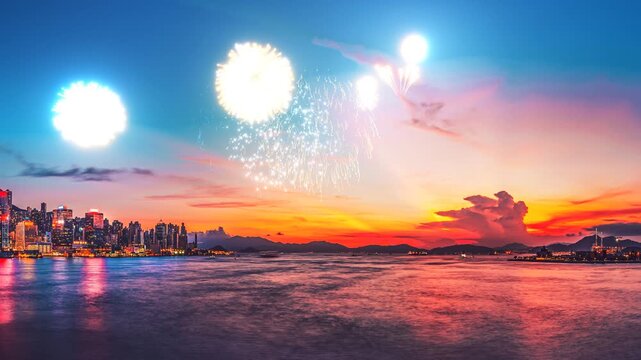A breathtaking sunset over Hong Kong with vibrant fireworks exploding into a dazzling display
