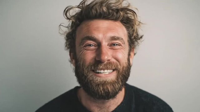 Bearded man laughing heartily against neutral background
