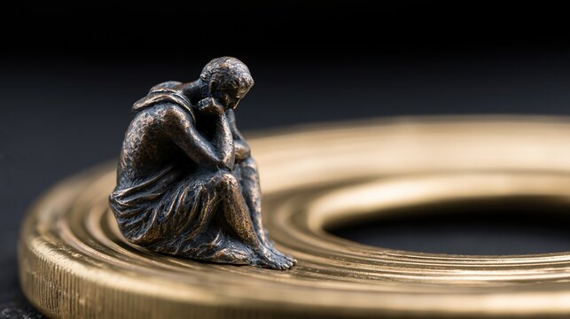 Bronze sculpture of a seated figure resting chin on hand atop gold coin symbolizing financial worry