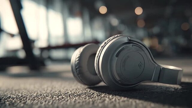 Modern grey headphones on gym floor background