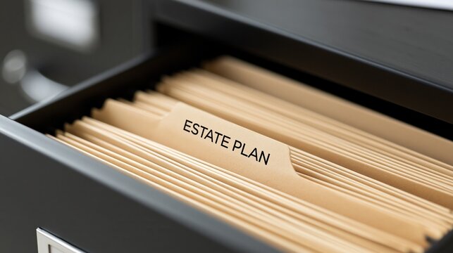 Close-up view of an open filing cabinet drawer containing beige manila folders with a tab clearly labeled estate plan.