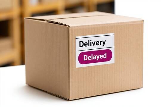 Brown cardboard shipping box with delayed delivery sticker sitting on white surface in warehouse setting