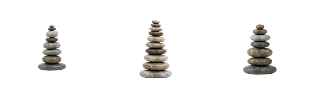 Balanced stack of smooth zen stones and pebbles for meditation and spa relaxation isolated on white background stock PNG graphic asset