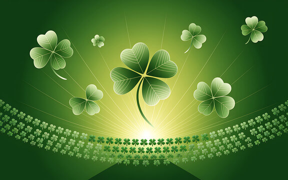 St patricks day green background with four leaf clovers and light rays shamrock stpatricksday