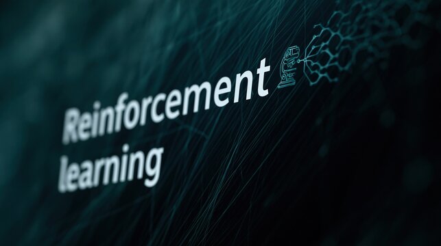 Digital concept of reinforcement learning with text and network graphic on dark blue background