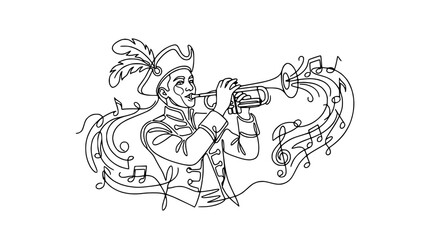 Obraz premium Musician playing trumpet in historical costume with musical notes, isolated