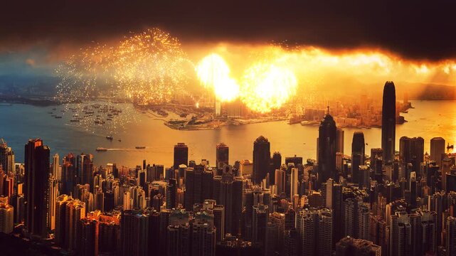 A spectacular fireworks display over Hong Kong's skyline as the sun sets.