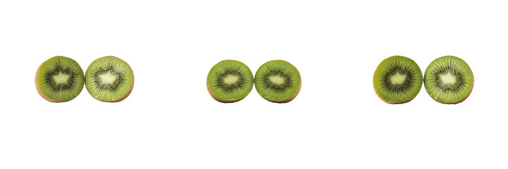 Fototapeta premium Fresh ripe green kiwi fruit slices cut in half showing black seeds and white center core isolated on white background stock PNG graphic design element