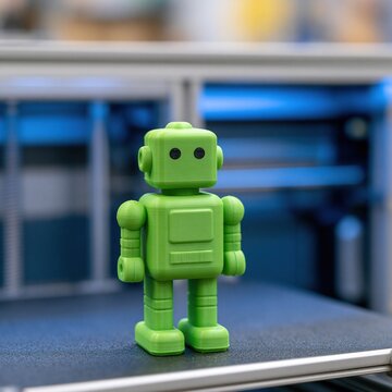 Small green plastic robot toy standing on a textured surface with blurred blue machinery in the background