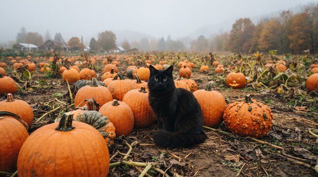 A fluffy black cat sits in a misty pumpkin patch surrounded by orange gourds and a lit jack-o'-lantern under a foggy autumn sky.