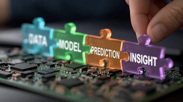 Colorful translucent puzzle pieces labeled data model prediction and insight placed on a computer circuit board