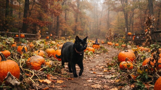 A black cat walks through an autumnal pumpkin patch in a misty forest, surrounded by orange pumpkins and fallen leaves under a canopy of fall trees.