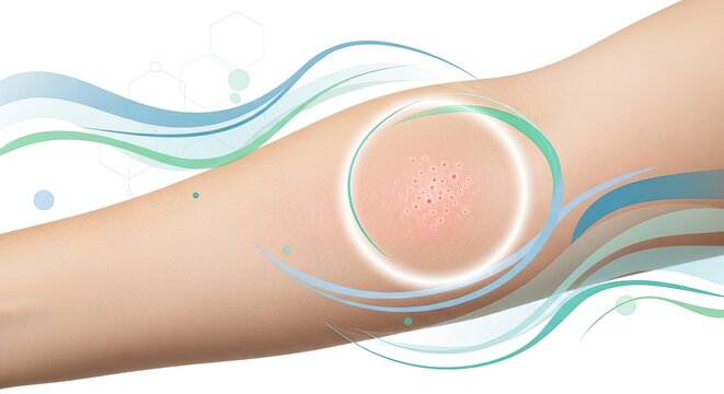 A stylized illustration depicts a human arm with a prominent knee joint highlighted.  A translucent, circular area emphasizes a blemish or scar on the skin.