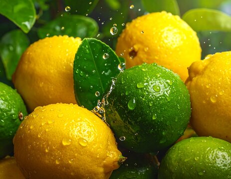 Fresh yellow lemons and green limes close up.