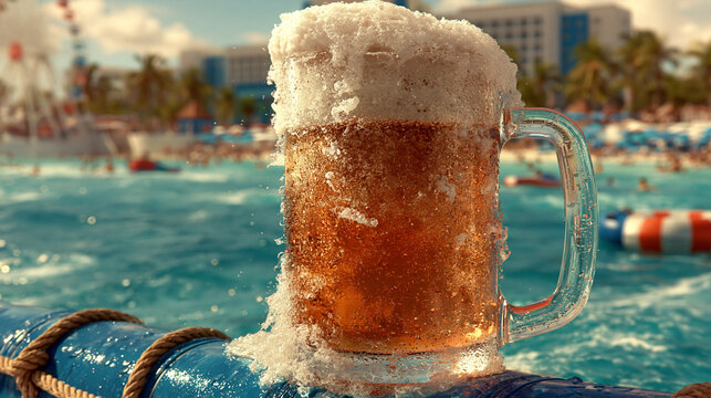 Cold mug of foamy beer resting by a sunny resort swimming pool during vacation