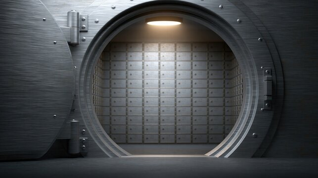 Open heavy metal vault door revealing rows of safety deposit boxes inside a secure bank storage room.