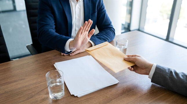 Businessperson showing rejection of bribe envelope and hand stop gesture in office
