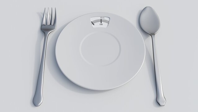 A 3d rendering of scale-integrated dinner plate devoid of food. A metaphor for strict dieting, fasting, and conscious body weight control.