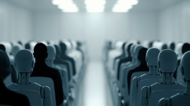 Rows of humanoid robots and a solitary human figure sitting in an auditorium facing forward under cool blue lighting.