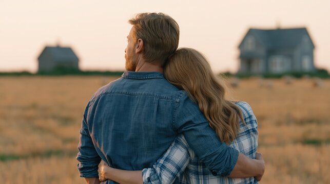 Couple embracing in a golden field overlooking rural houses during a warm sunset glow.