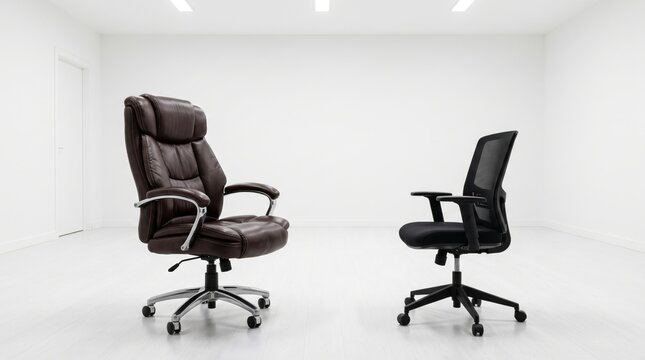National boss employee exchange day illustrated by a large leather chair facing a standard office chair with employee workplace