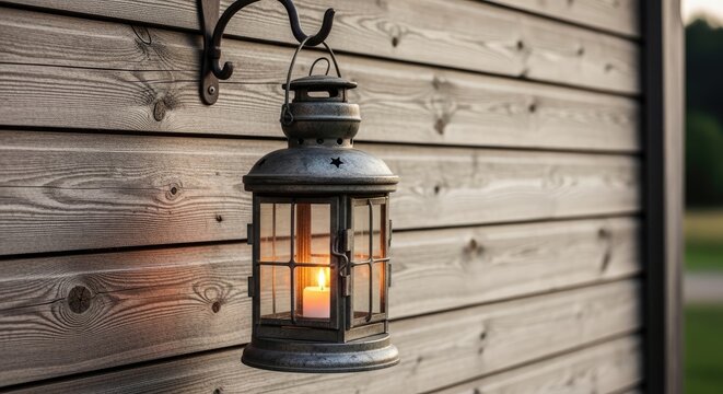 A weathered, black metal lantern hangs on a gray, wooden wall. The lantern glows with a warm, inviting light, casting a soft illumination.