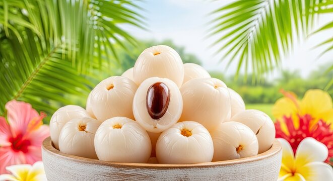 A pile of lychees sits in a wooden bowl, surrounded by hibiscus flowers and palm leaves. The lychees have a white, translucent skin and a dark brown pit.
