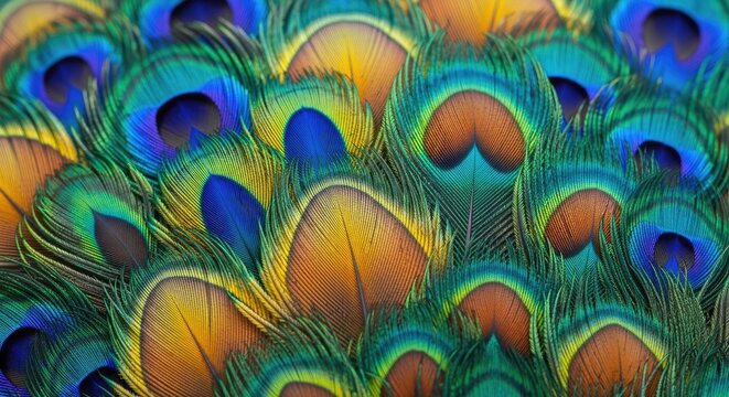A close-up shot reveals a dense collection of vibrant peacock feathers.