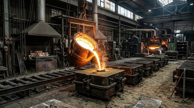 A worker pours molten metal from a ladle into a mold within a large, industrial foundry. The scene depicts a dynamic process of metal casting, with sparks and heat radiating from the pouring metal.