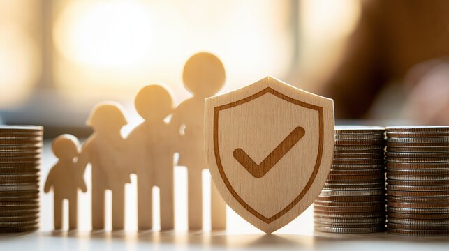 Wooden shield with checkmark stands before family silhouettes and stacks of coins symbolizing security and financial protection