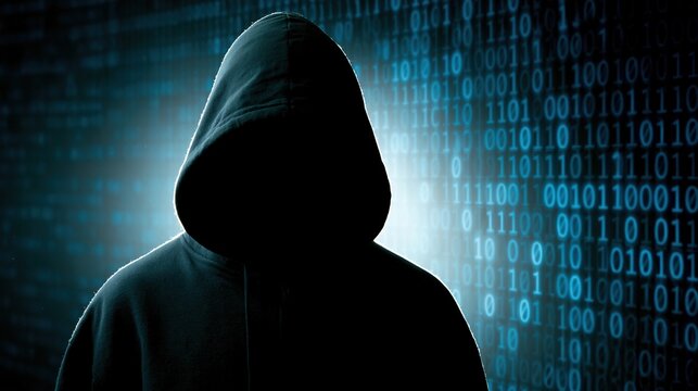 Silhouette of a hooded figure standing against a background of glowing blue binary code representing digital anonymity
