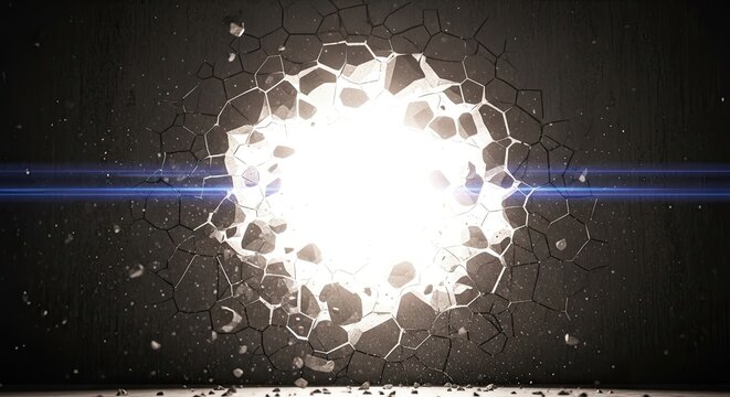A bright, white explosion shatters a dark, cracked wall. A blue line bisects the explosion, creating a dramatic effect.