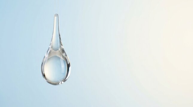A single, clear water droplet hangs suspended against a pale blue sky. The droplet&rsquo;s shape is teardrop-like, and it reflects the light, creating a shimmering effect.