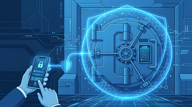 Secure digital vault door with glowing shield and smartphone access, representing advanced cybersecurity and financial protection.