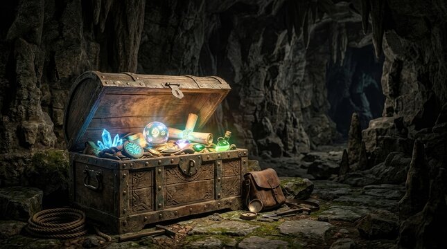 A weathered wooden chest sits open in a dark, cavernous cave. Inside, a glowing crystal ball rests among scattered gold coins, potions, and a leather pouch.
