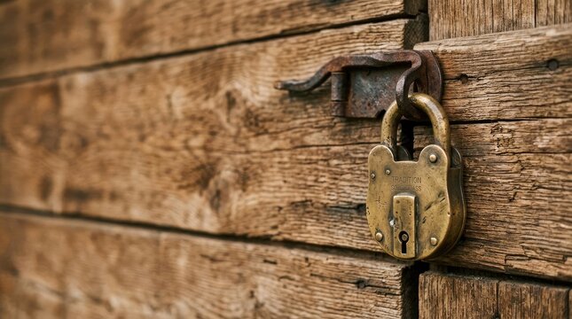 A weathered wooden door is secured with a heavy, antique padlock. The padlock features a brass finish and a small keyhole.