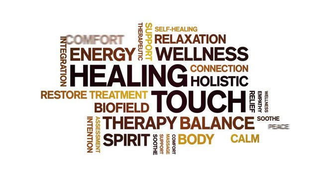 Healing Touch animated word cloud-text design animation tag kinetic typography seamless loop.