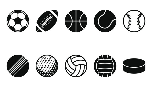 Competitive Team Sports Equipment and Game Balls Icon Set with Soccer Football Basketball Tennis Baseball Cricket Golf Volleyball Water Polo and Hockey Puck Symbols for Athletic Websites