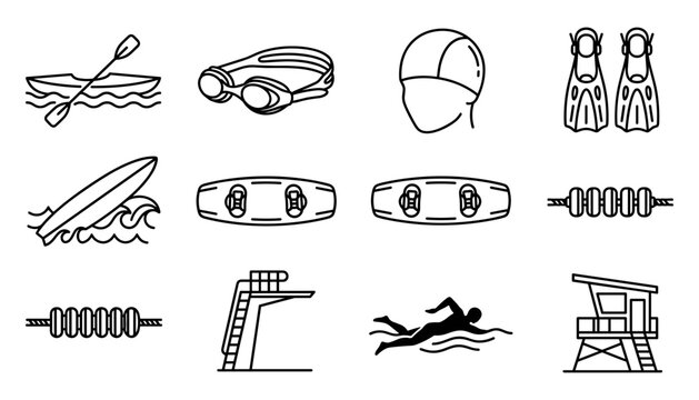 Water Sports and Swimming Pool Activity Icon Set with Kayak Goggles Flippers Surfboard Diving Board and Lifeguard Tower Symbols for Aquatic Recreation Apps and Websites