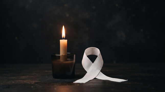 Burning candle with white awareness ribbon symbolizing hope on dark background with glowing candle beside dark surface remembrance solidarity