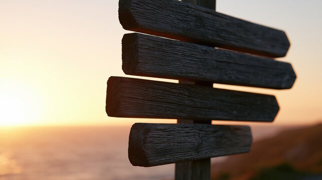Weathered wooden directional signpost silhouetted against a warm sunset over the ocean with blurred horizon