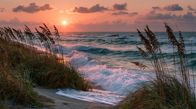 Scenic ocean coastline view during sunrise with beach grass and rolling waves, coastline