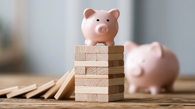 Pink ceramic piggy bank perched atop a precarious tower of wooden blocks while another sits blurred in the background on a table