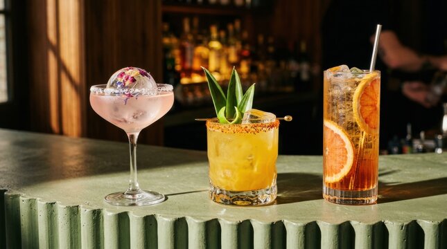 Three colorful cocktails with garnishes sit on a bar counter in a dimly lit, cozy setting.