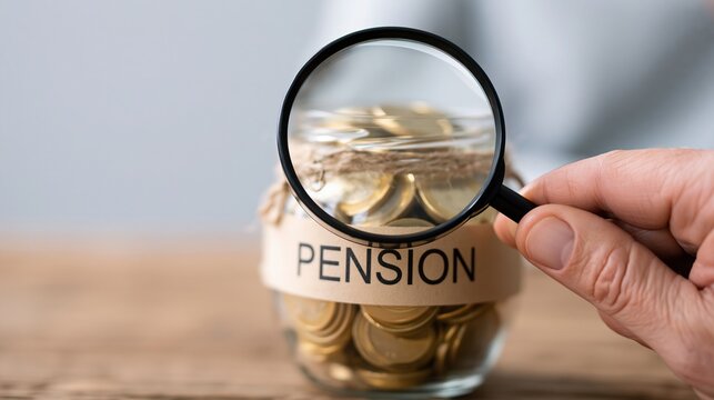 Close-up of a hand holding a magnifying glass over a jar labeled pension filled with gold coins on a wooden surface.